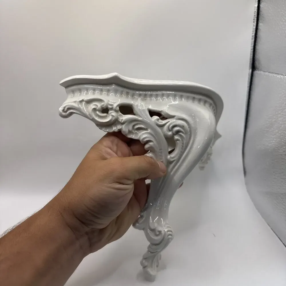 White Porcelain Wall Shelf With Detailed Baroque Style Corbels & Rope Border